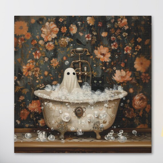 Ghost And Cat In Bathtub, Spooky Halloween Bathroom Decor
