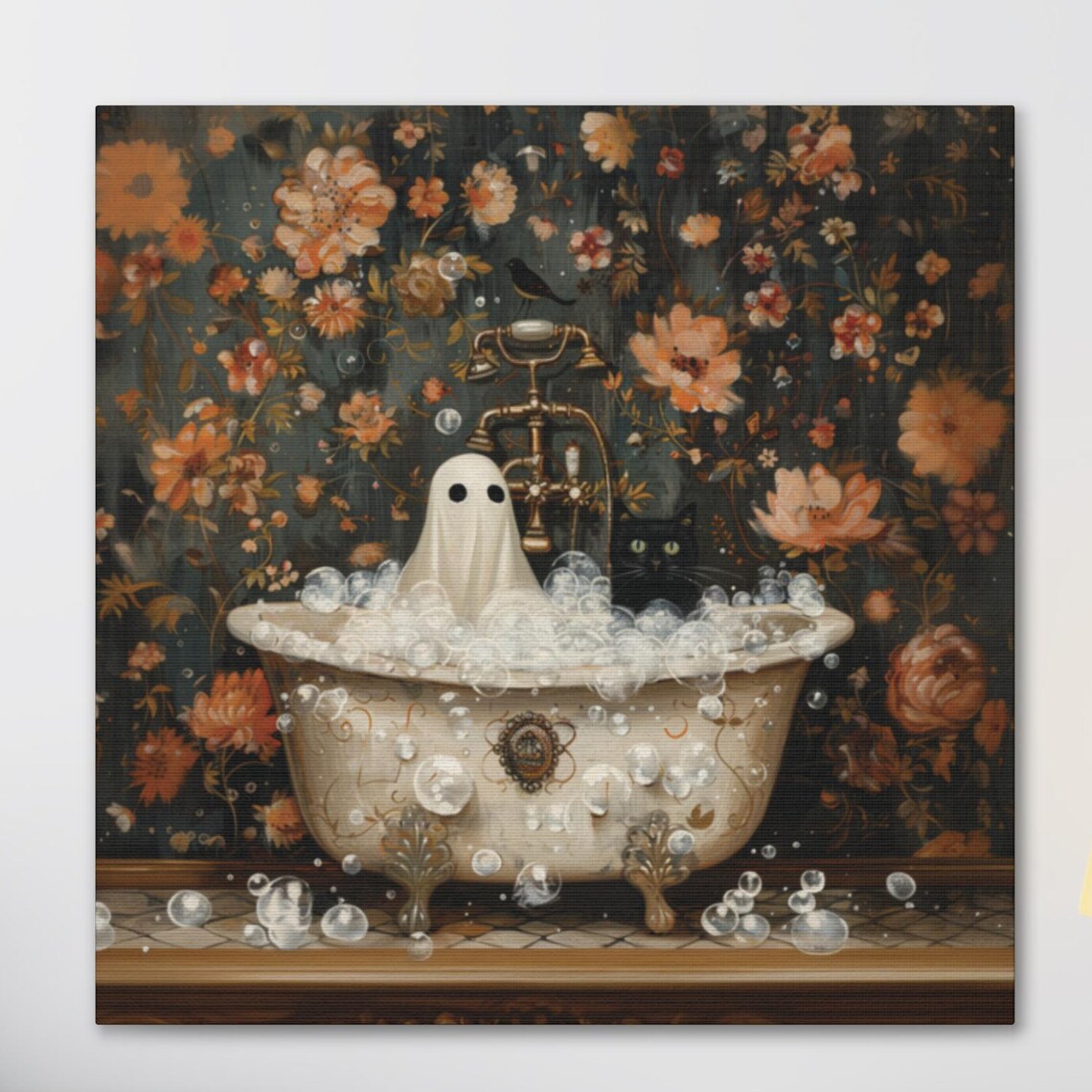 Ghost And Cat In Bathtub, Spooky Halloween Bathroom Decor