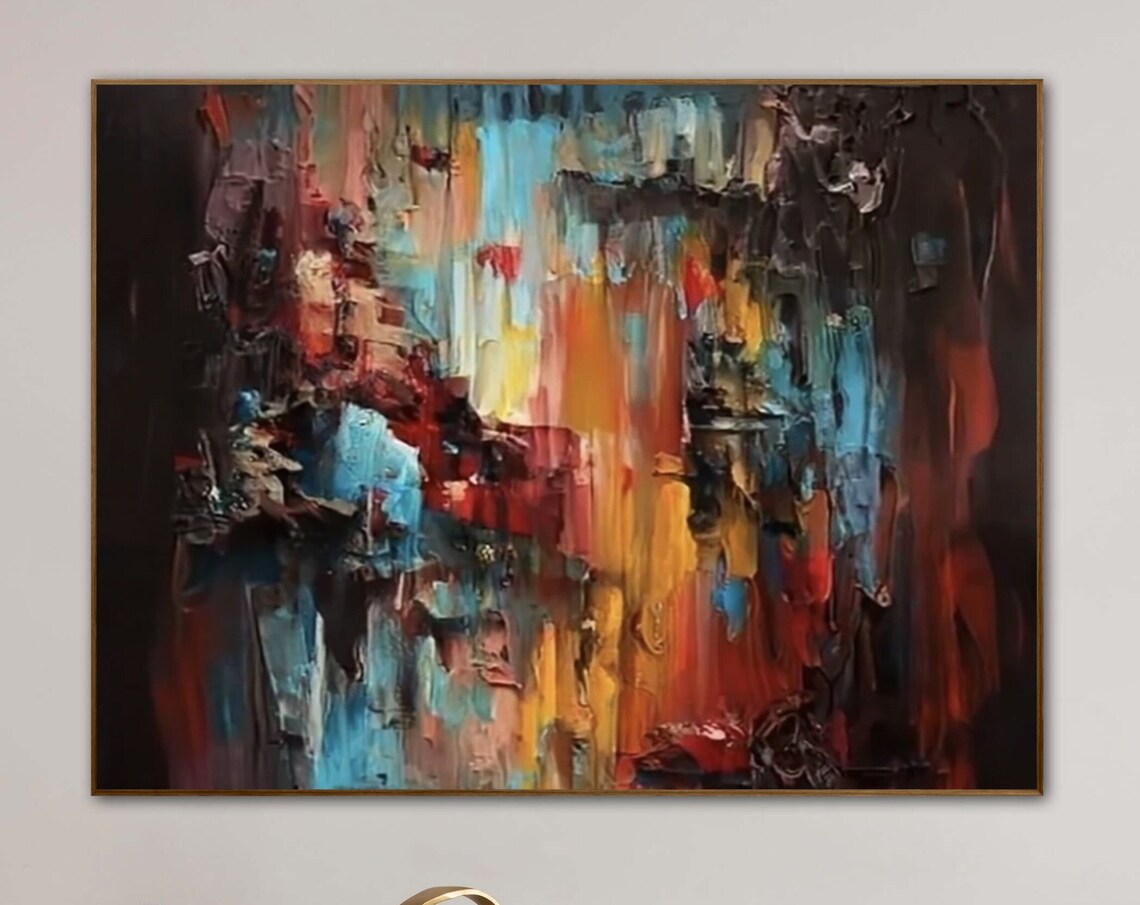 Moody Dark Abstract Blue Red and Gold Textured Oil Painting Poster - Image 4