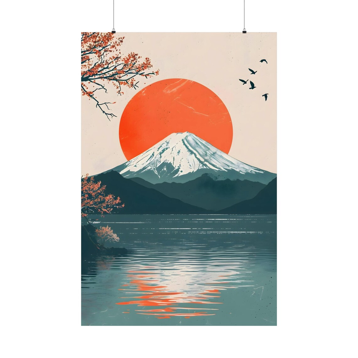 Mount Fuji Red Sun Autumn Trees Lake Reflection Japanese Poster