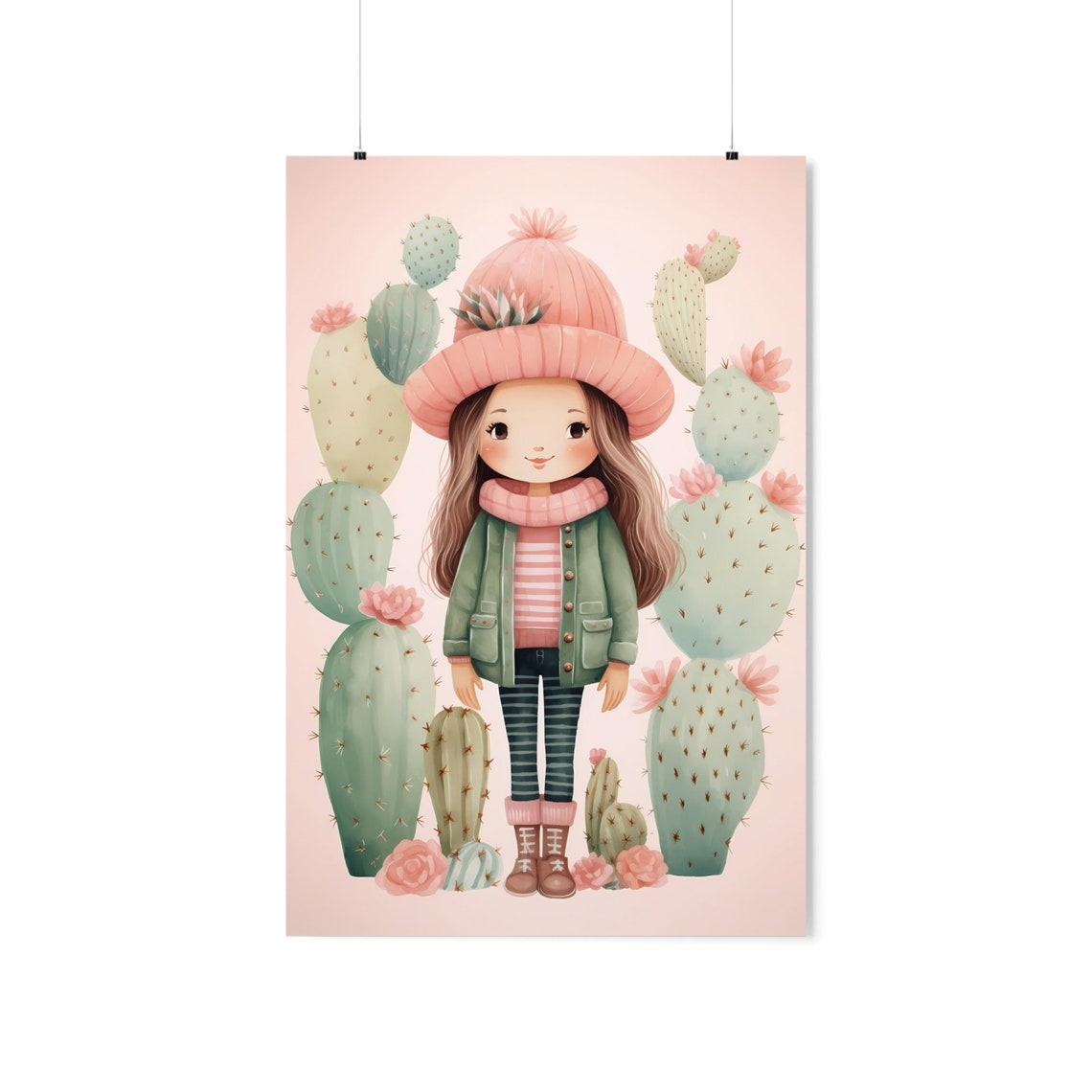 Cactus Girl Poster Watercolor Nursery Pink Hat Desert Decor Art