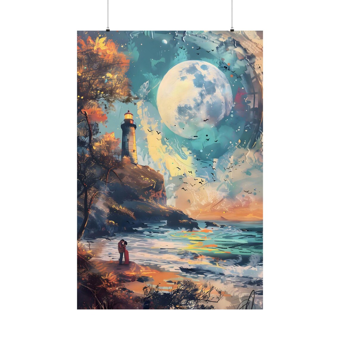 Moonlit Lighthouse Couple Kiss Romantic Coastal Night Art Poster