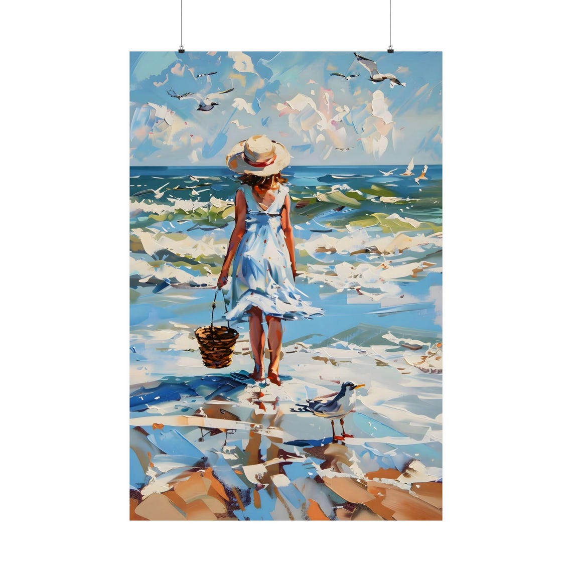 Girl With Basket Walking On Beach Impressionist Seaside Poster