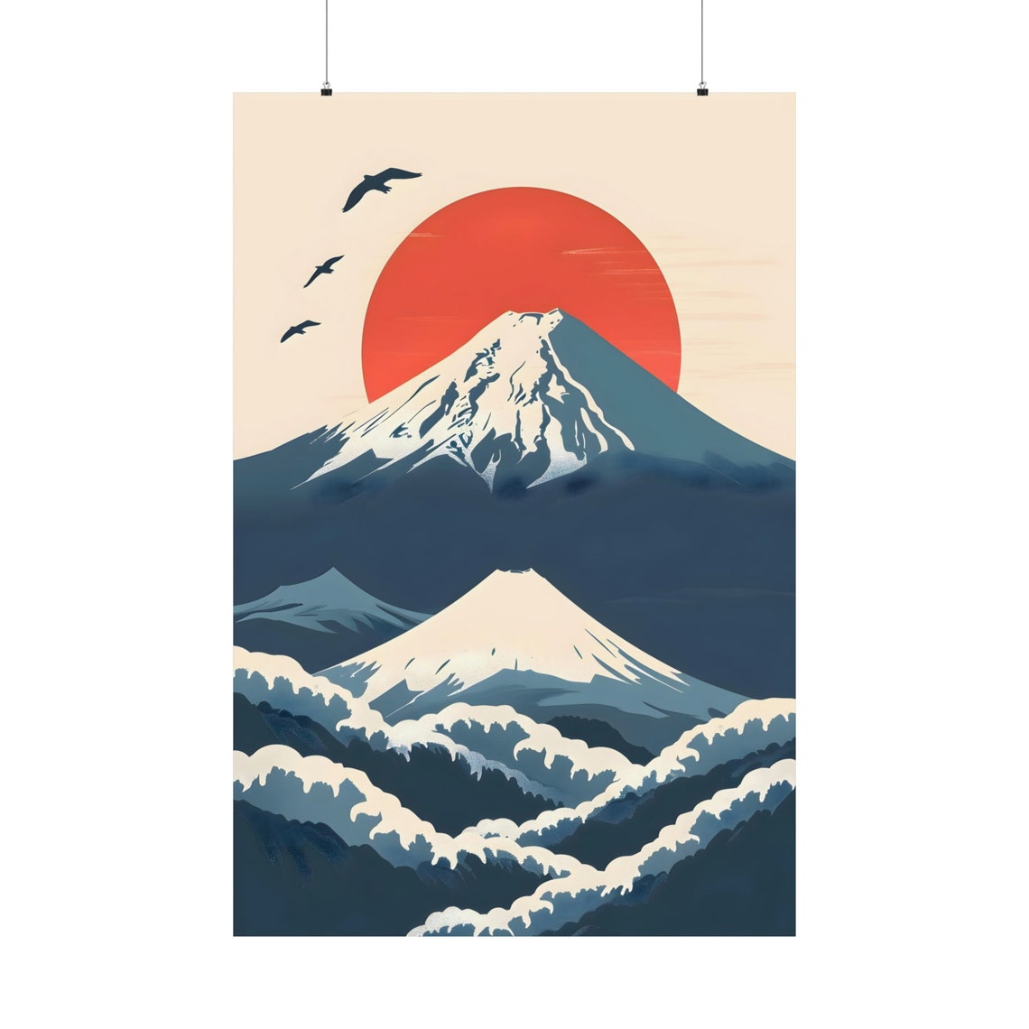 Mount Fuji Red Sun Rising Japanese Waves Birds Minimalist Poster