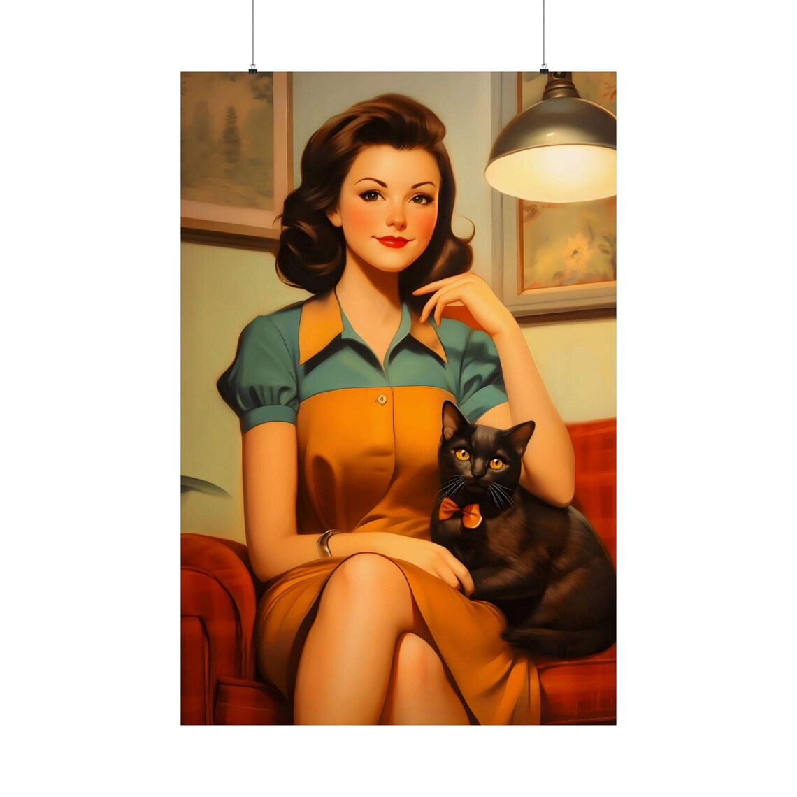 Vintage Pin Up Woman Black Cat Orange Bow Tie Retro Portrait Poster