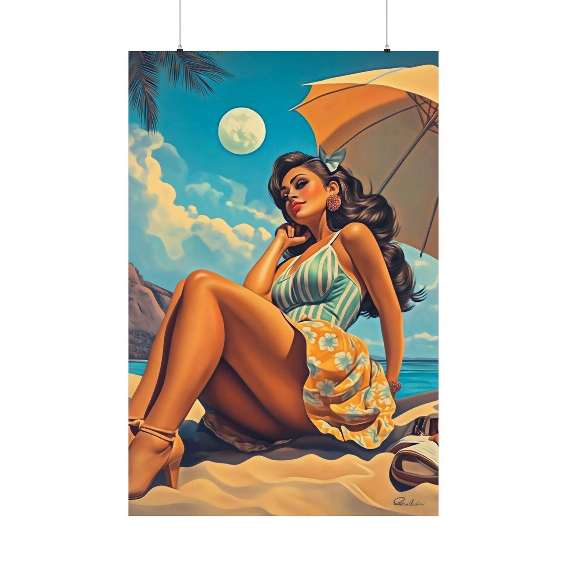 Vintage Pin Up Beach Beauty Parasol Retro Summer Vacation Poster