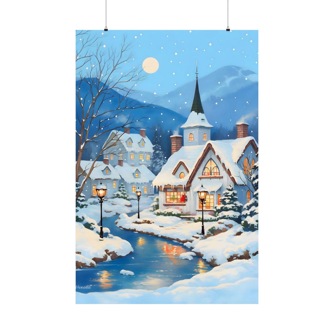 Snowy Village Winter Night Church Cozy Holiday Wall Art Scene