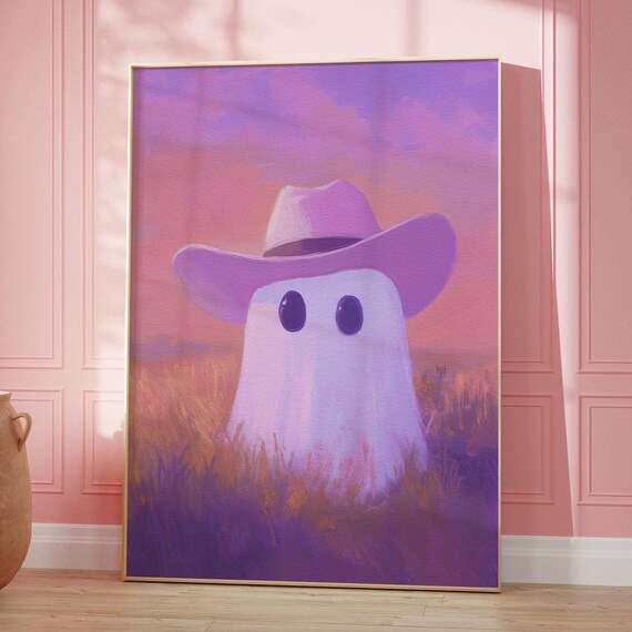 Cowgirl Ghost in a Pink Hat at a Purple Desert Sunset Poster