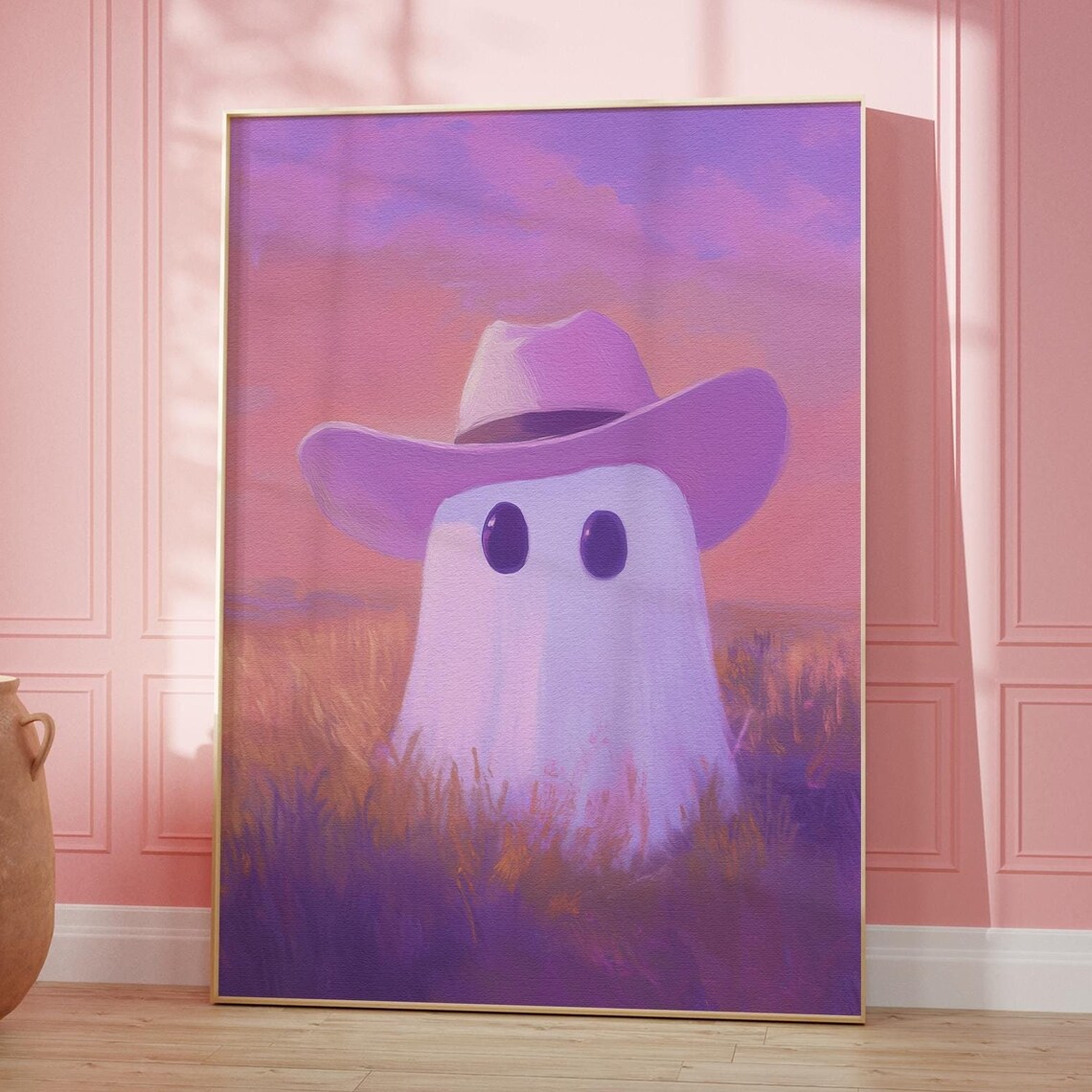 Cowgirl Ghost in a Pink Hat at a Purple Desert Sunset Poster