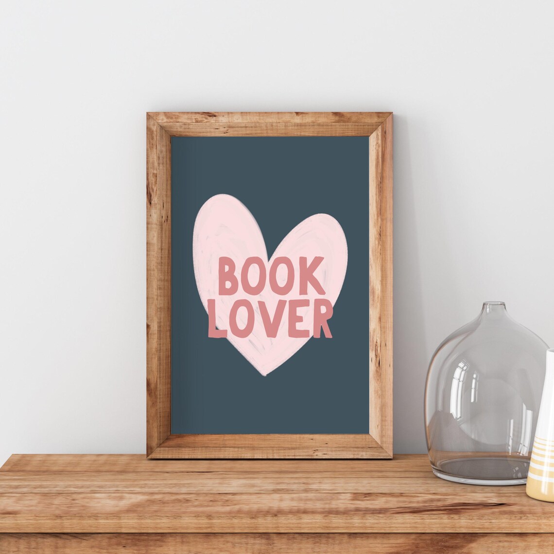 Book Lover Big Pink Heart on Deep Navy Modern Quote Wall Art