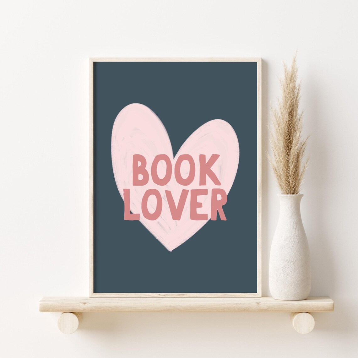 Book Lover Big Pink Heart on Deep Navy Modern Quote Wall Art - Image 3