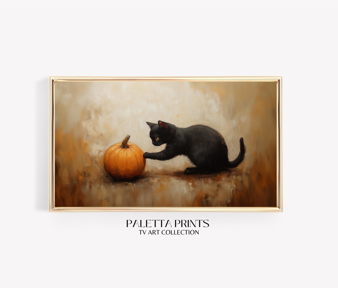 Black Kitten Playing With Pumpkin Cozy Fall Scene Vintage Art Poster