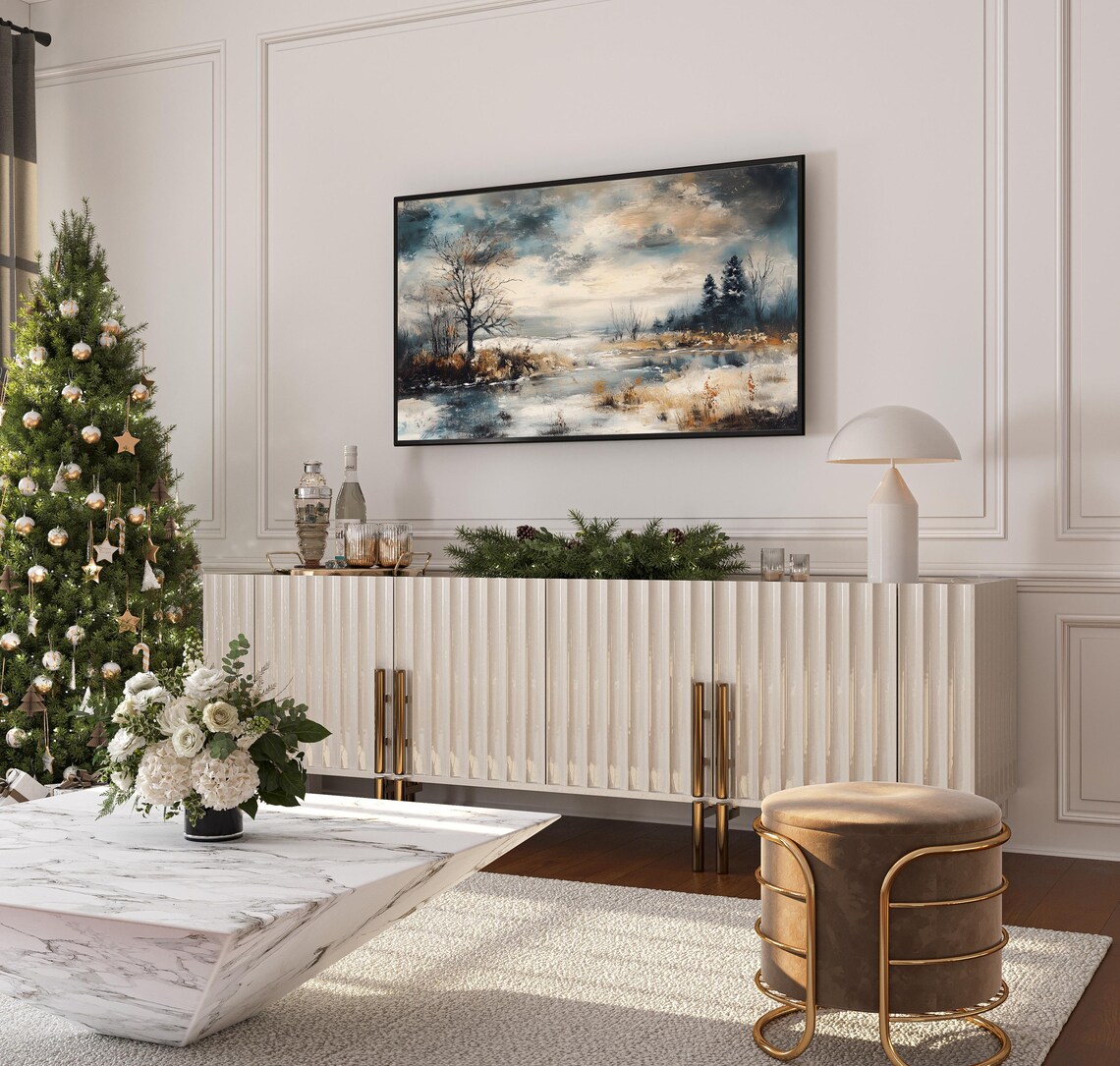 Serene Snowy River Landscape Moody Winter Nature Painting Art Poster - Image 3