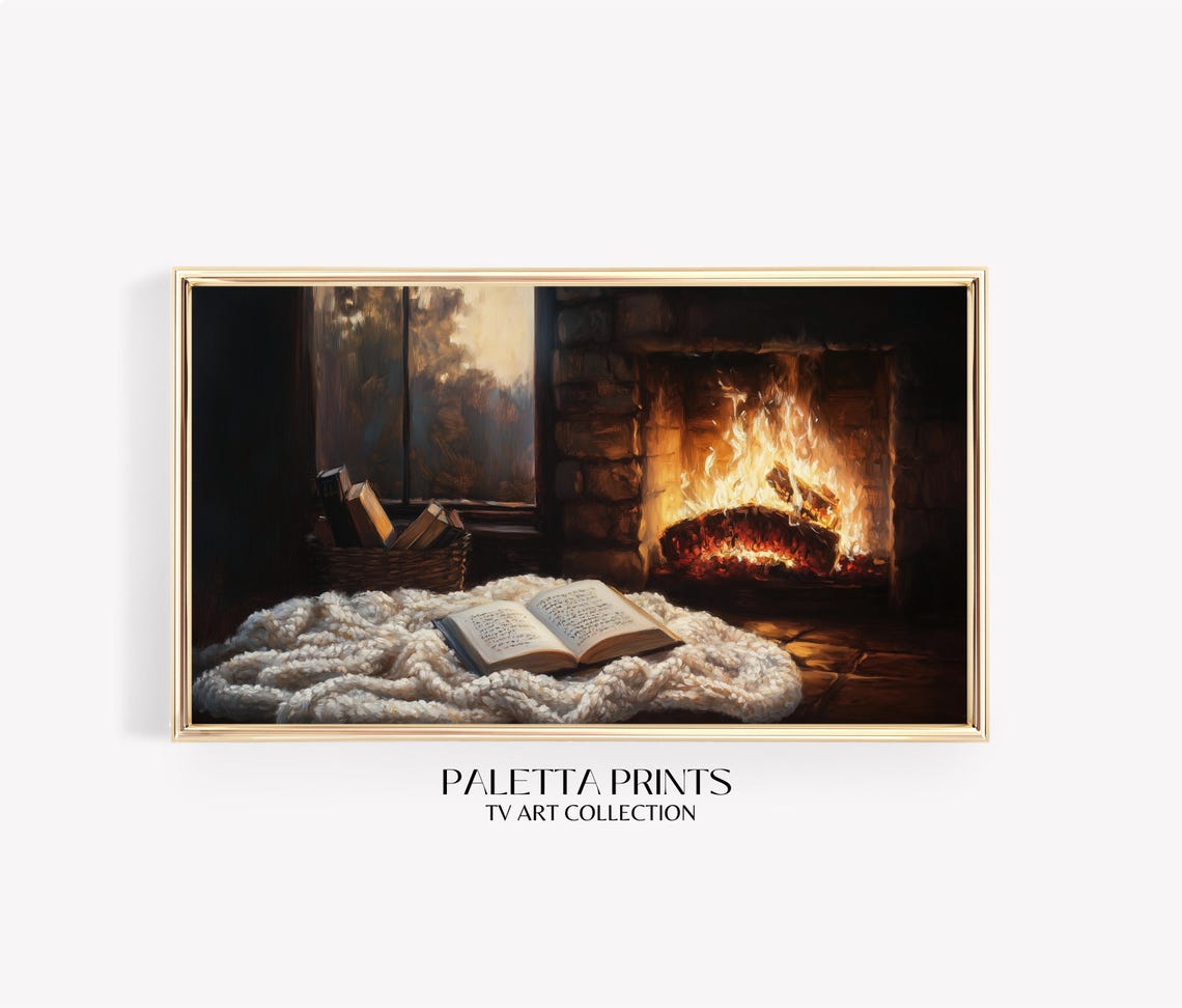 Fireplace Open Book Knit Blanket Cozy Reading Nook Winter Art Poster