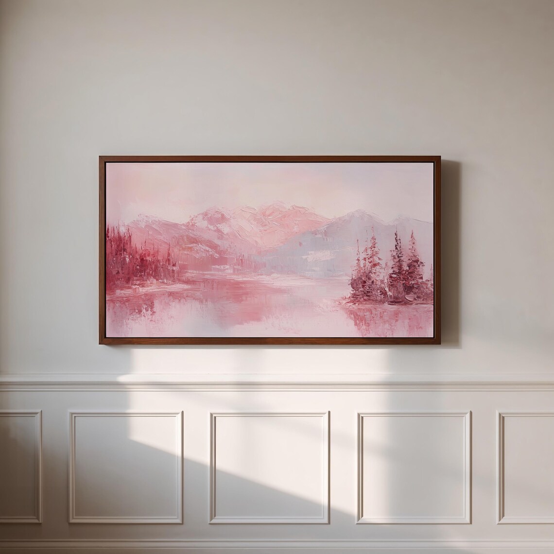 Blush Pink Mountain Lake Snowy Peaks Pastel Nature Scene Poster - Image 3