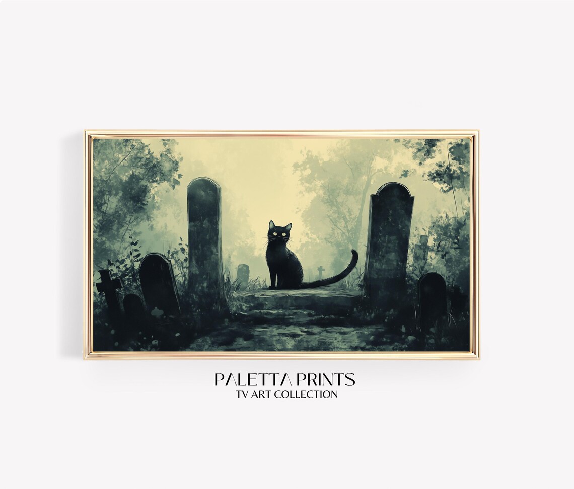 Black Cat In Misty Graveyard Gothic Halloween Scene Vintage Art Poster