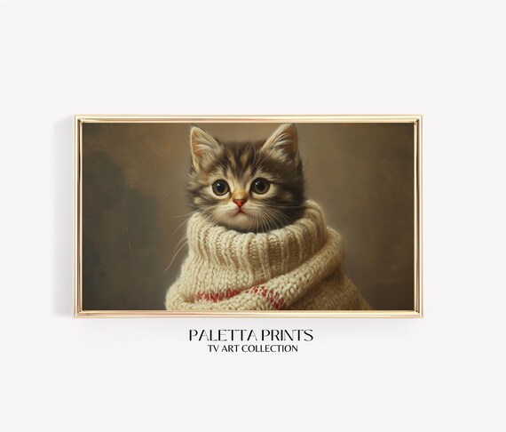 Tabby Kitten in Knit Sweater Big Eyes Cute Cat Art Wall Poster