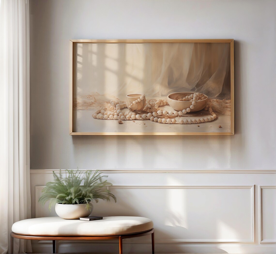 Islamic Prayer Beads Tasbih Still Life Neutral Beige Spiritual Wall Art Poster - Image 3