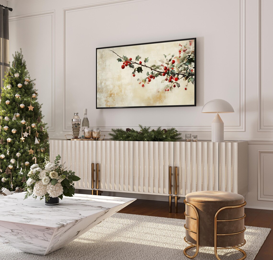 Holly Berry Branch Red Berries Botanical Christmas Painting Tv Poster - Image 3