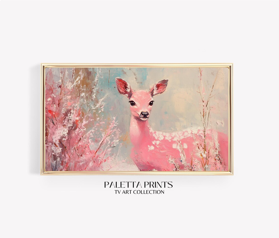 Whimsical Pink Fawn Deer Portrait Snowy Winter Woodland Poster