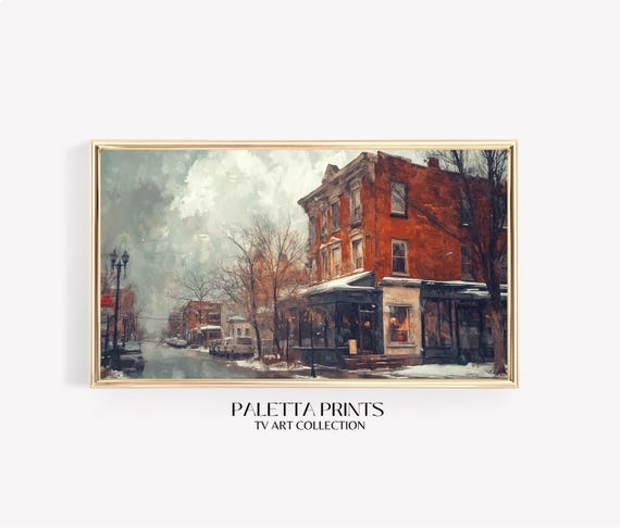Snowy Street Scene Frame Tv Art Rustic Winter Town Tv Art Vintage Decor Cozy Winter Urban Landscape