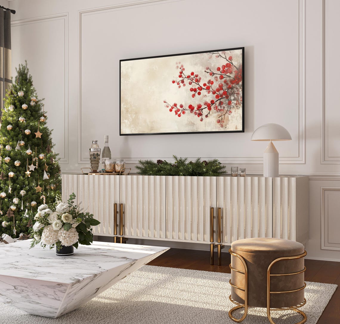 Red Berries On Beige Tv Art Art For Hisense Frame Tvs Minimalist Winter Decor Neutral Tv Art Rustic Art - Image 3