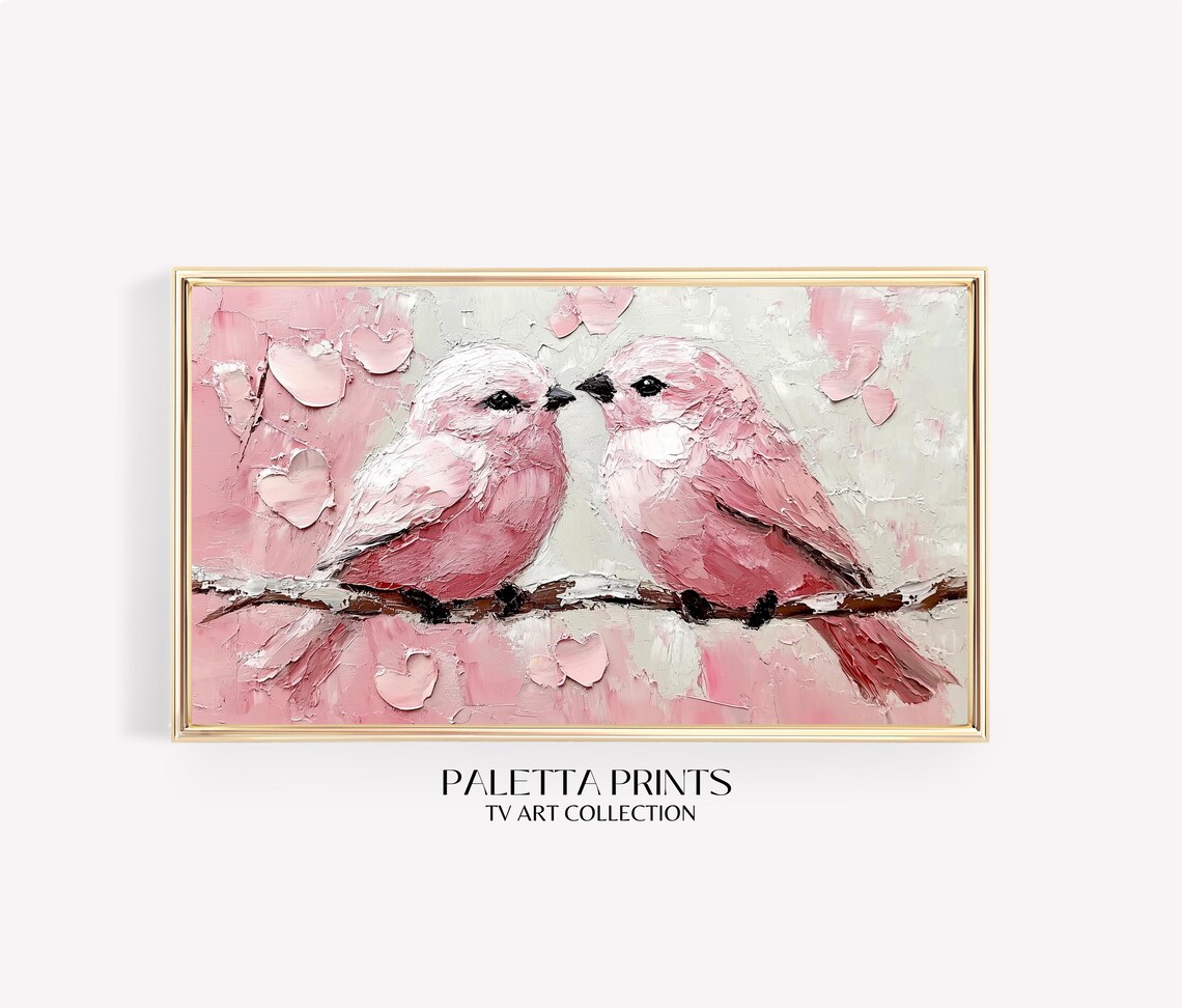 Two Pink Lovebirds Beak to Beak Impasto Branch Valentine Poster