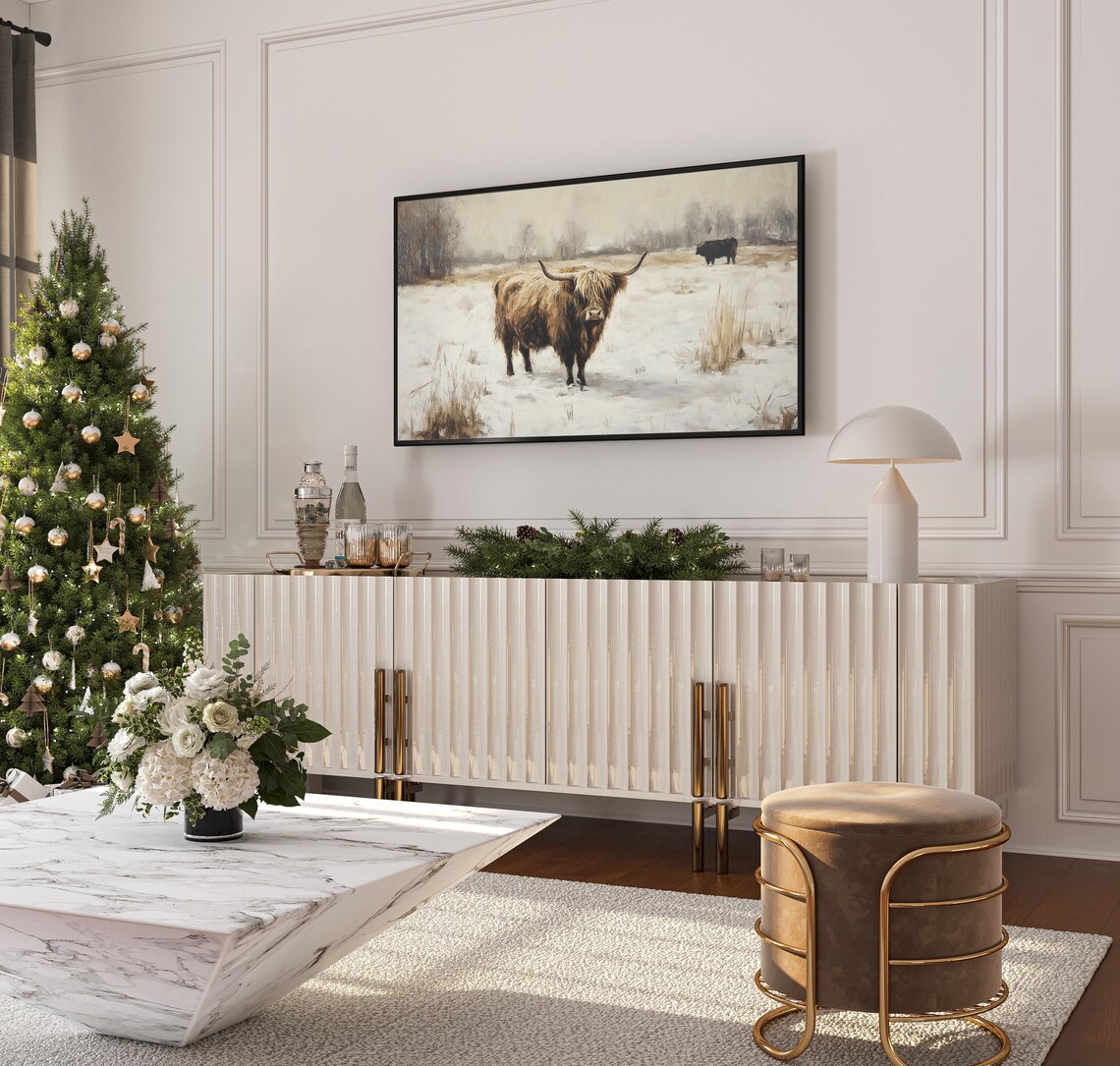 Highland Cow Snowy Winter Field Rustic Countryside Painting Tv Poster - Image 3