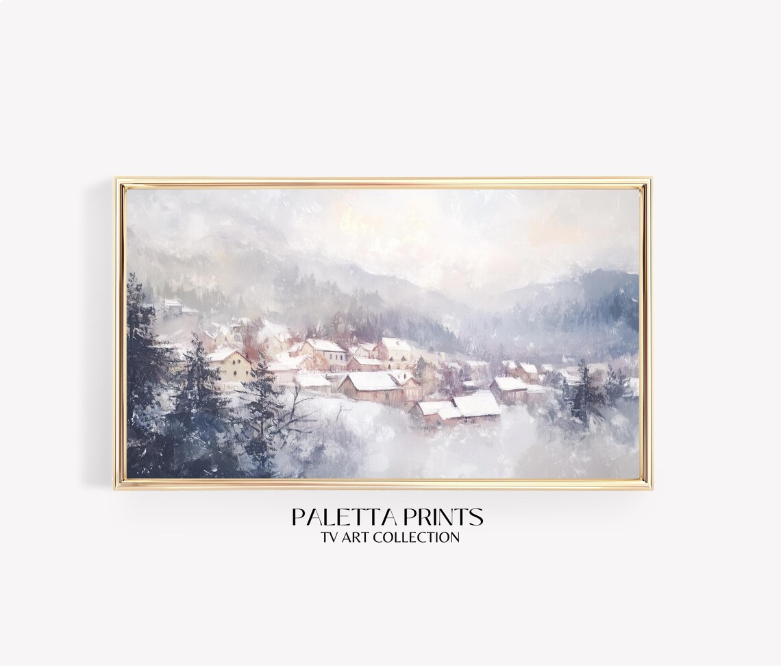Snowy Mountain Village Dawn Soft Pink Winter Landscape Painting Poster