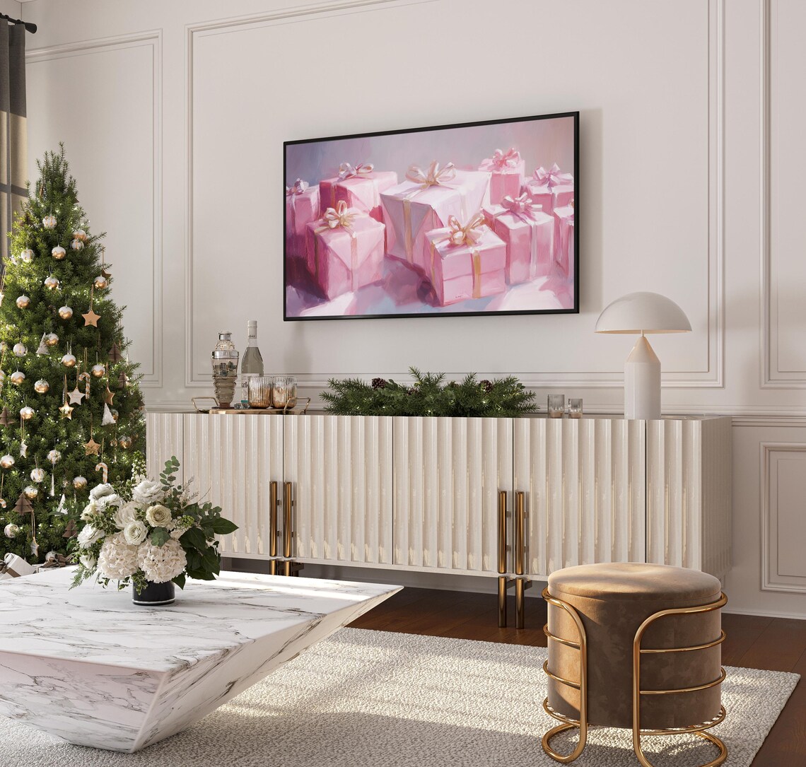 Pink Christmas Gift Boxes Gold Bow Painting Elegant Holiday Art Print - Image 3