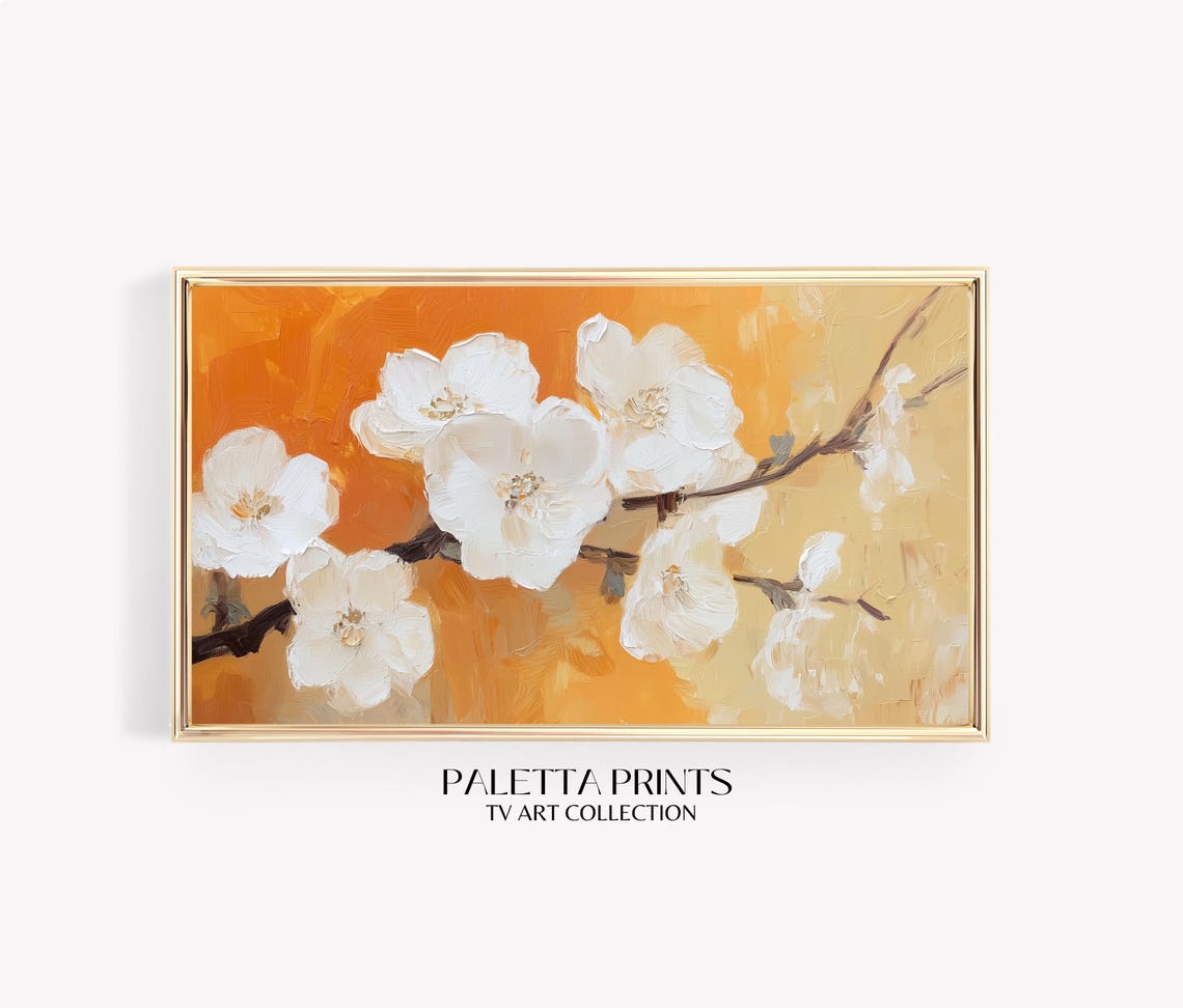 White Cherry Blossom Branch Textured Golden Orange Floral Art Poster
