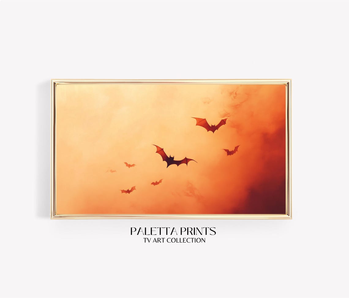 Bats Flying In Orange Twilight Sky Minimal Halloween Scene Art Poster