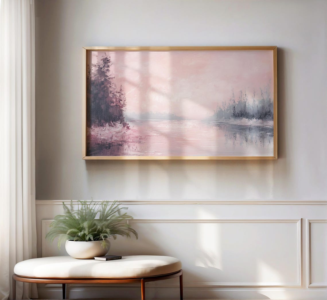 Blush Pink River Landscape Frame Tv Art Romantic Abstract Nature Screensaver Serene Pastel Scenic Winter Decor Soft Colors Art - Image 2
