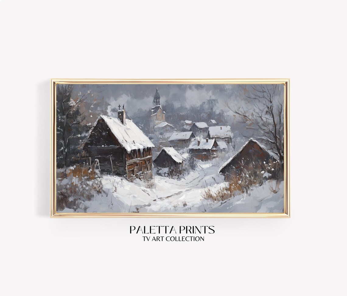 Snowy Rustic Village Cottages Church Moody Winter Art Poster