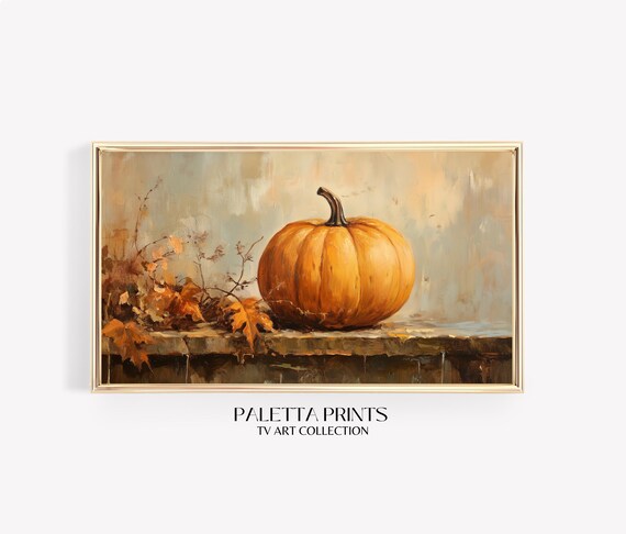 Single Orange Pumpkin Stone Ledge Autumn Leaves Minimal Rustic Poster