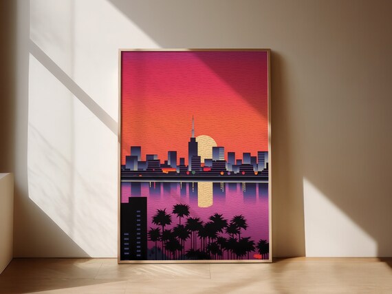Retro Sunset City Skyline Palm Trees Ocean Reflection Art Poster