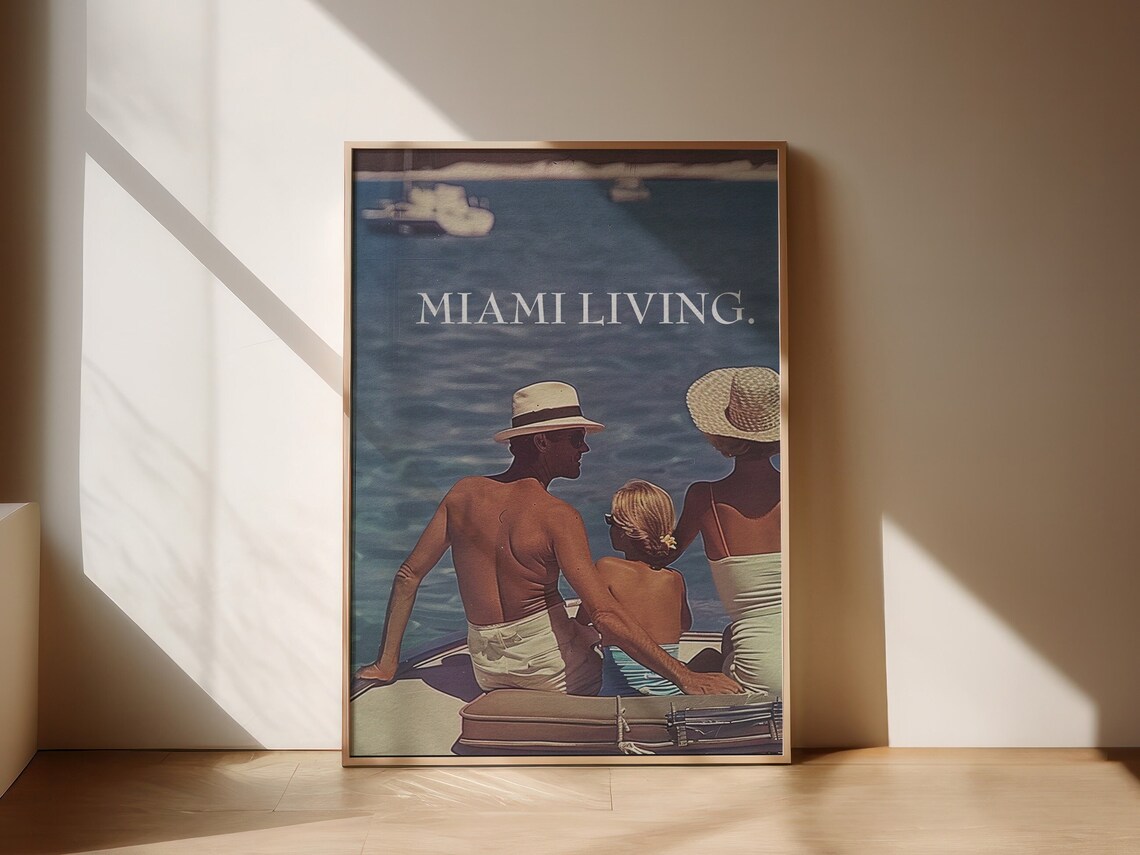 Miami Living Vintage Family Boat Tropical Beach Photo Poster