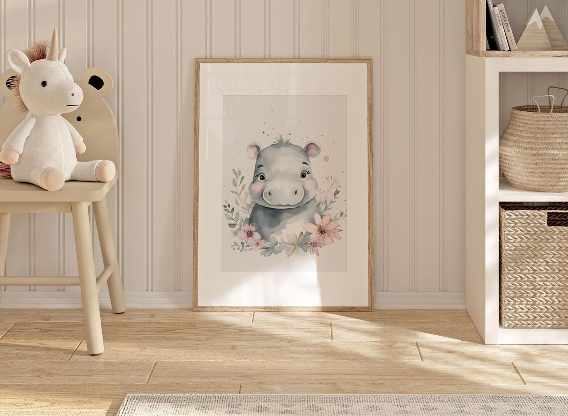 Cute Baby Hippo Watercolor Portrait With Floral Garland Poster - Image 2