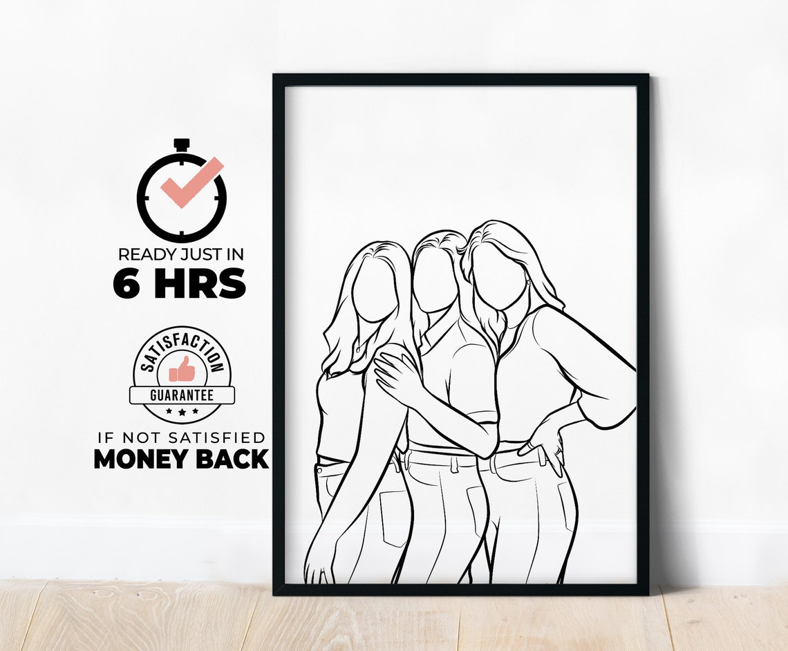 Three Best Friends Faceless Line Art Minimalist Friendship Poster