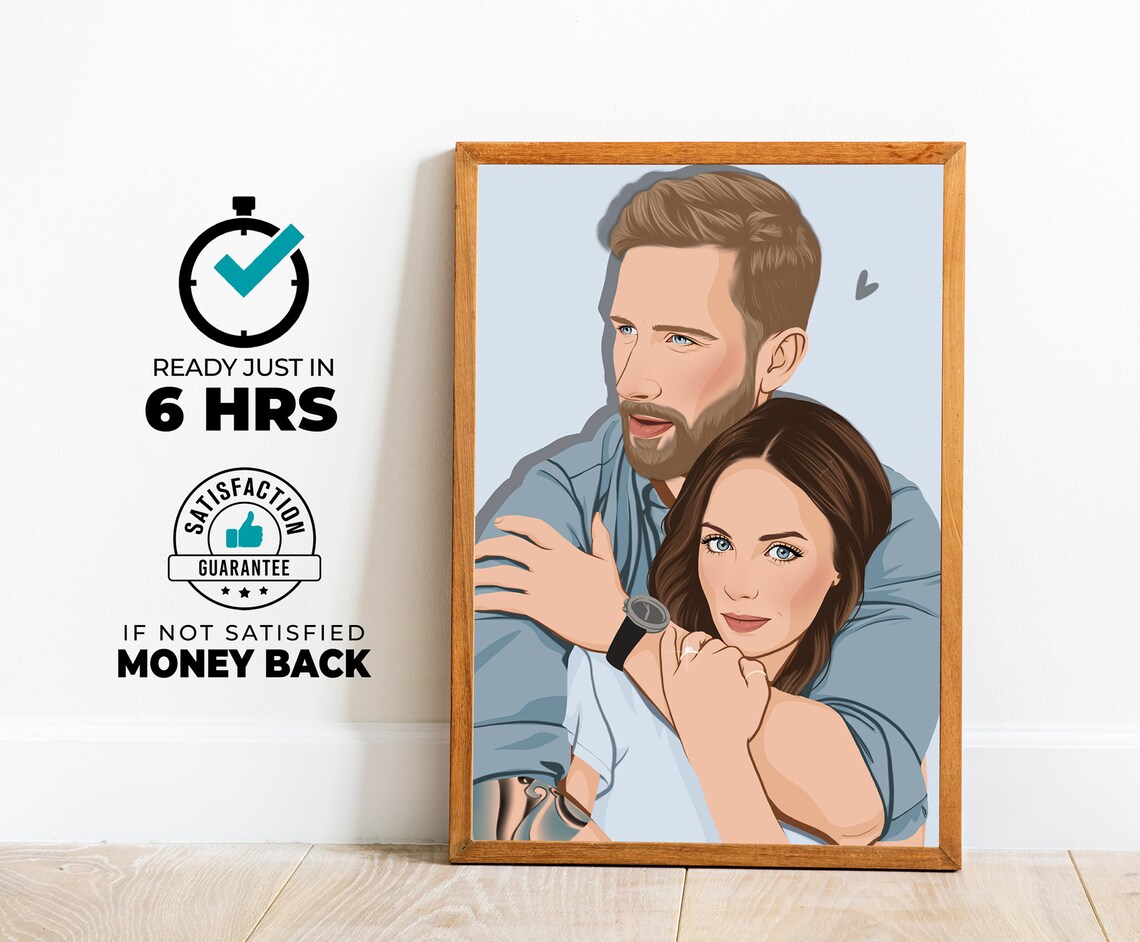 Couple Embrace Blue Shirts Man Hugging Woman Portrait Poster