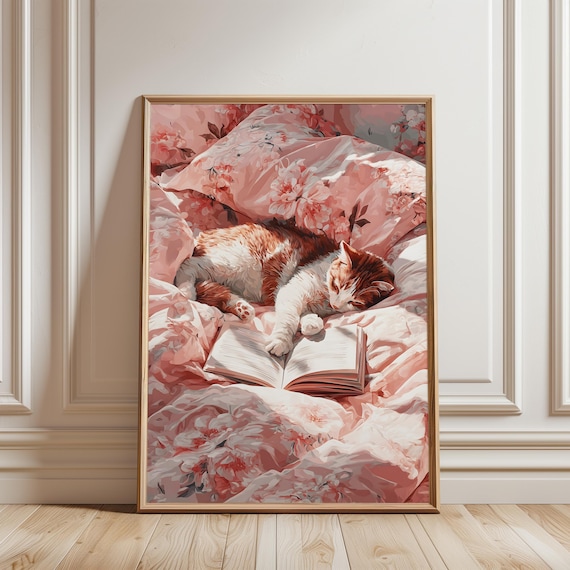 Sleeping Tabby Cat Pink Floral Bedding Open Book Cozy Art Poster