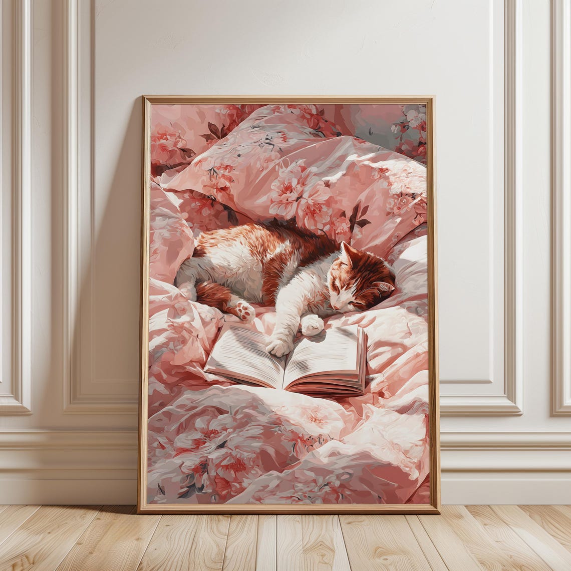 Sleeping Tabby Cat Pink Floral Bedding Open Book Cozy Art Poster