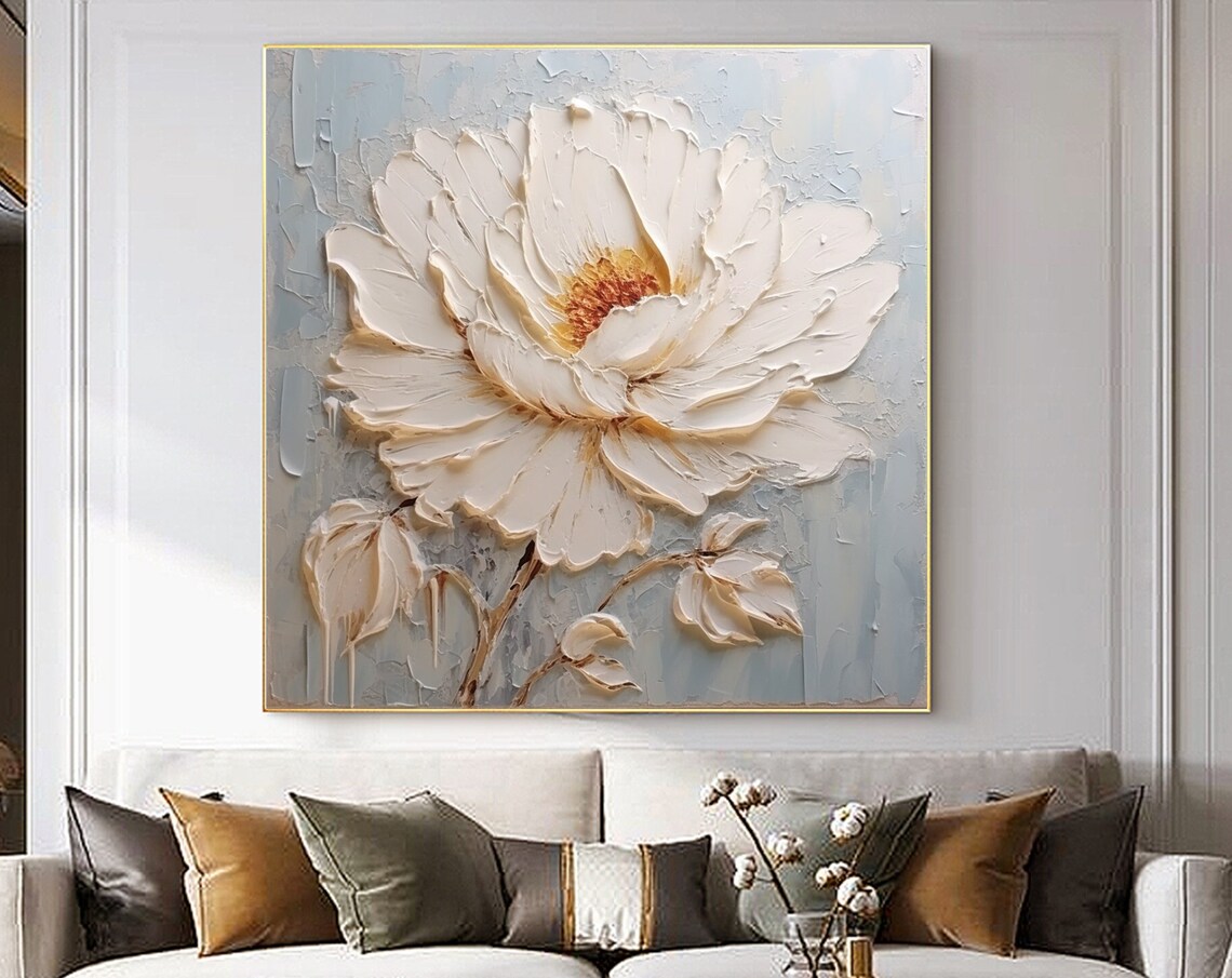 Large White Peony Blossom Thick Impasto on Soft Pale Blue Poster