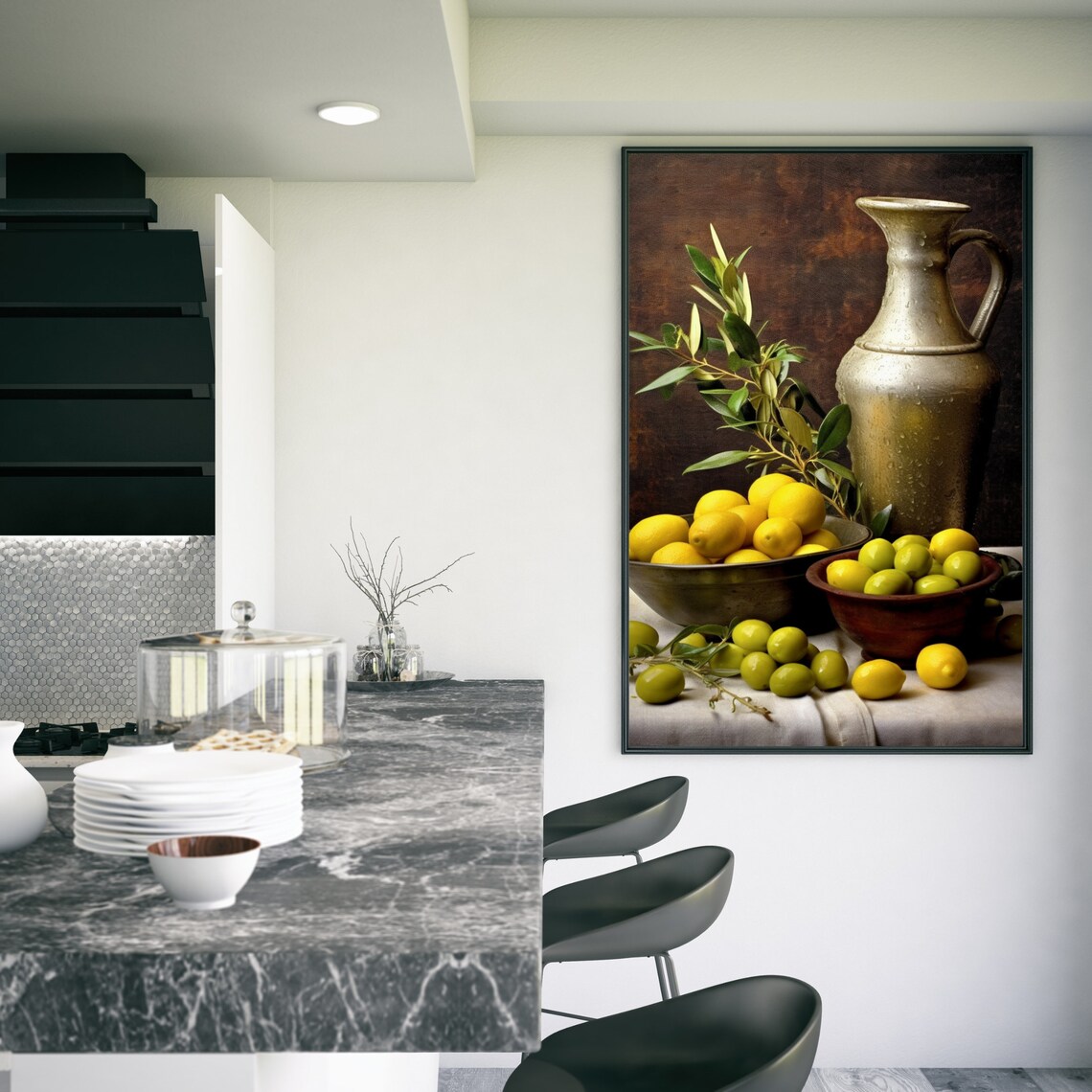 Vintage Metal Jug Lemons Olives Rustic Still Life Art Poster - Image 3