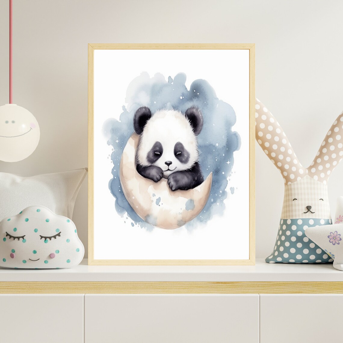 Sleeping Baby Panda Bear On Crescent Moon Watercolor Nursery Poster - Image 4