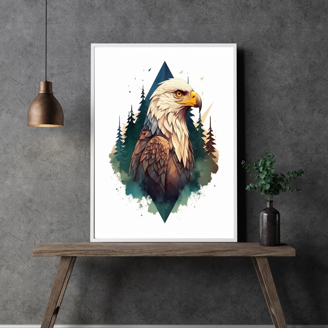Bald Eagle Geometric Watercolor Pine Trees Triangle Art Poster - Image 3