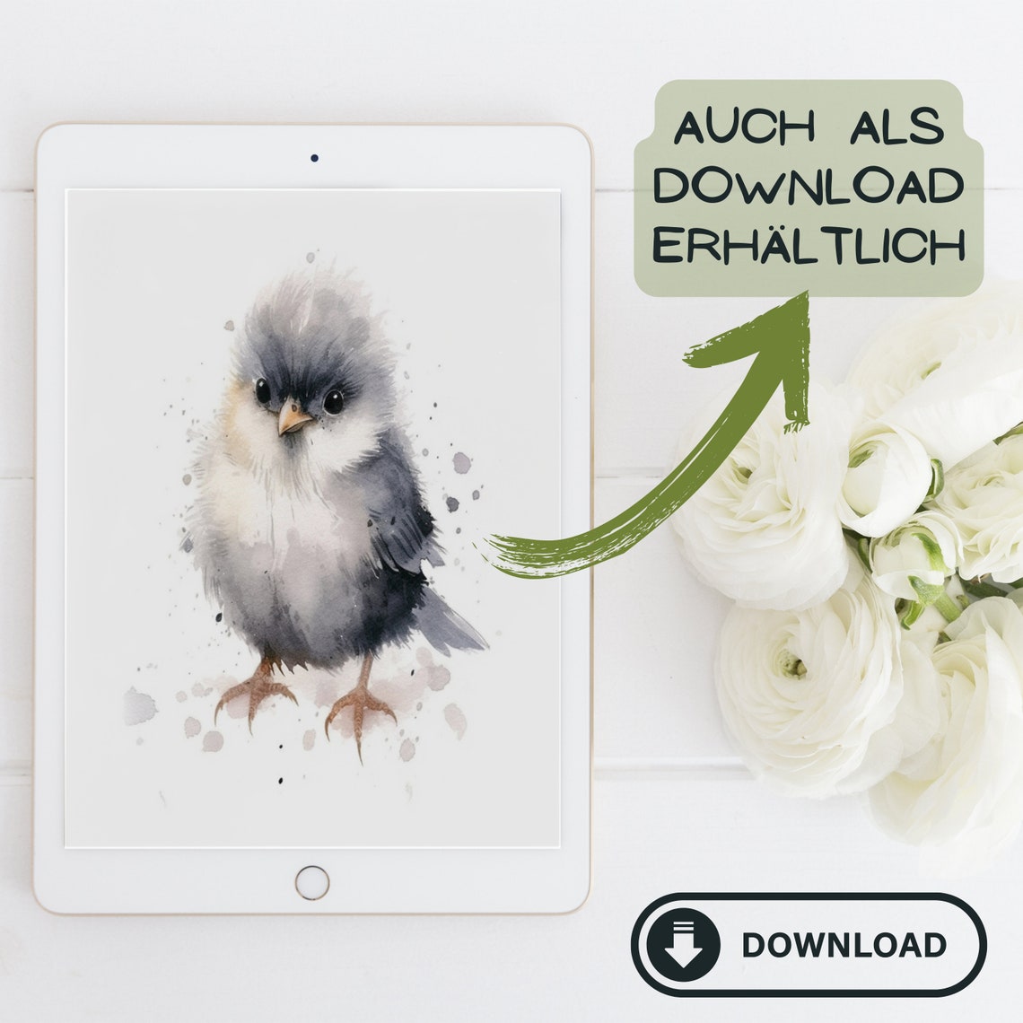 Cute Fluffy Grey Baby Bird Chick Watercolor Nursery Art Poster - Image 2