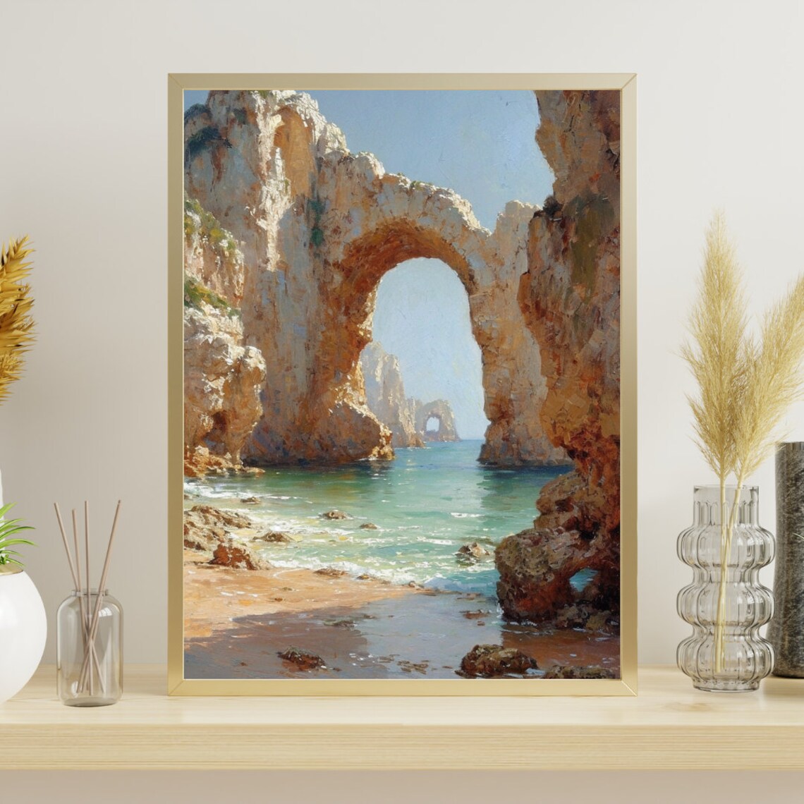 Sea Arch Rocky Coast Turquoise Water Oil Painting Style Coastal Poster