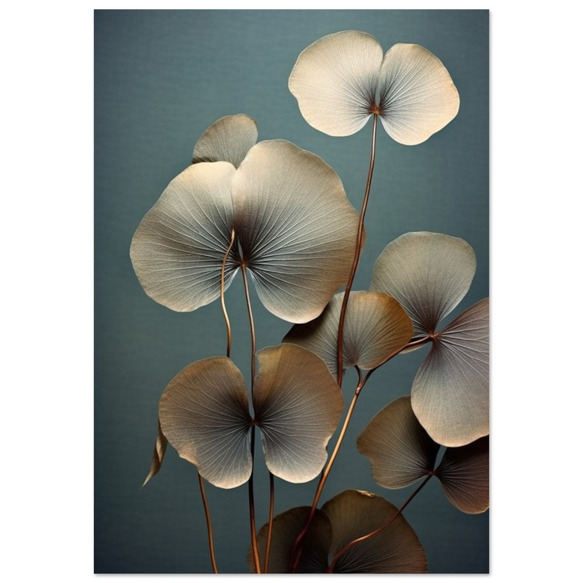 Fan Shaped Botanical Leaves Teal Background Minimal Modern Wall Art - Image 2