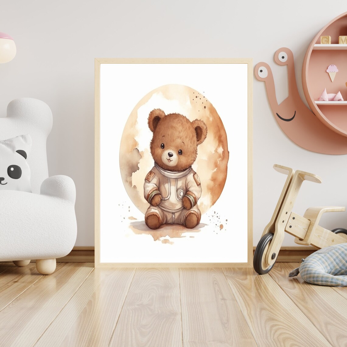 Teddy Bear Astronaut Watercolour Cute Kids Room Nursery Poster - Image 4